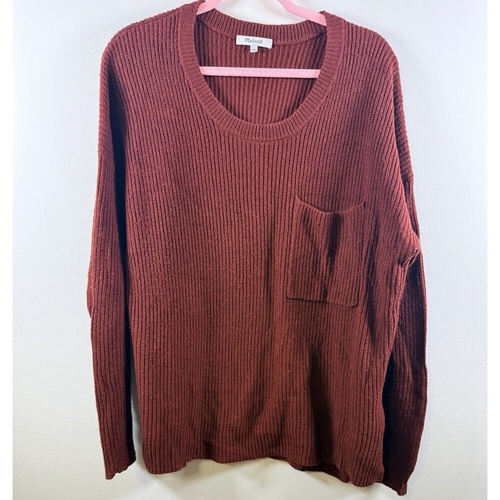Madewell Womens Brown Rib-Knit Scoop Neck Long Sleeve Pocket Pullover Sweater L